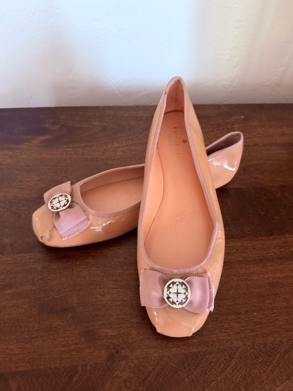 kate spade Blush Patent Leather Ballet Flats with Bow Medallion